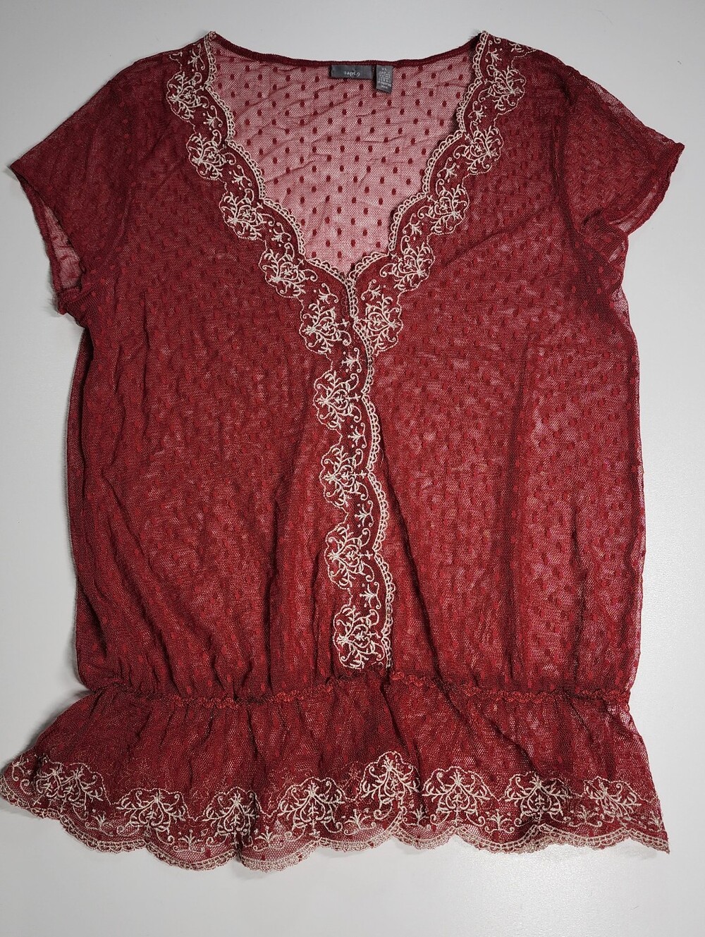 Apt 9 Red Mesh Embroidered Boho Festival Top XL Sheer V Neck Short Sleeve